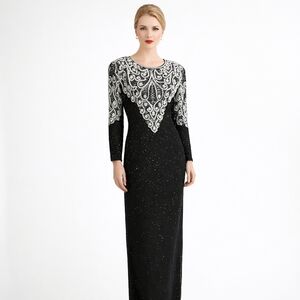 Vintage Art Deco Hand Beaded Silk Gown Black White Formal Dress Sz M-L *Flaw